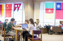 students in the library with flags in the window